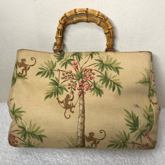 Isabella Fiori Vintage Monkey Palm Tree Tropical Beaded Hand Bag Bamboo Handles - Picture 3 of 16